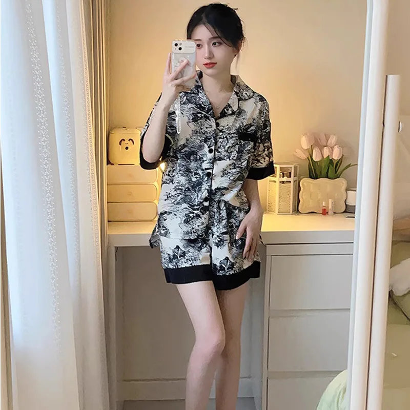 Ink and Wash Painting Women Pajamas Sets Summer China Style Faux Silk Satin Female Sleepwear Classic Elegant Short Housewear