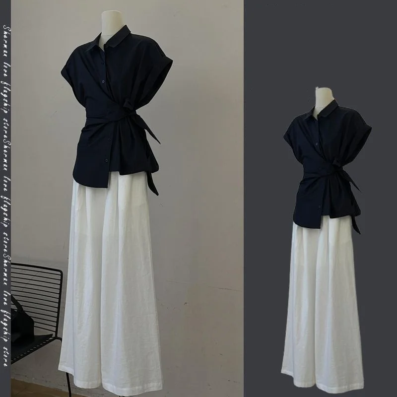 

Women's Summer Black Bandage Bowknot Shirts White Wide Leg Pants Two Piece Set Korean Office Lady Graceful Blouse Trousers Suits