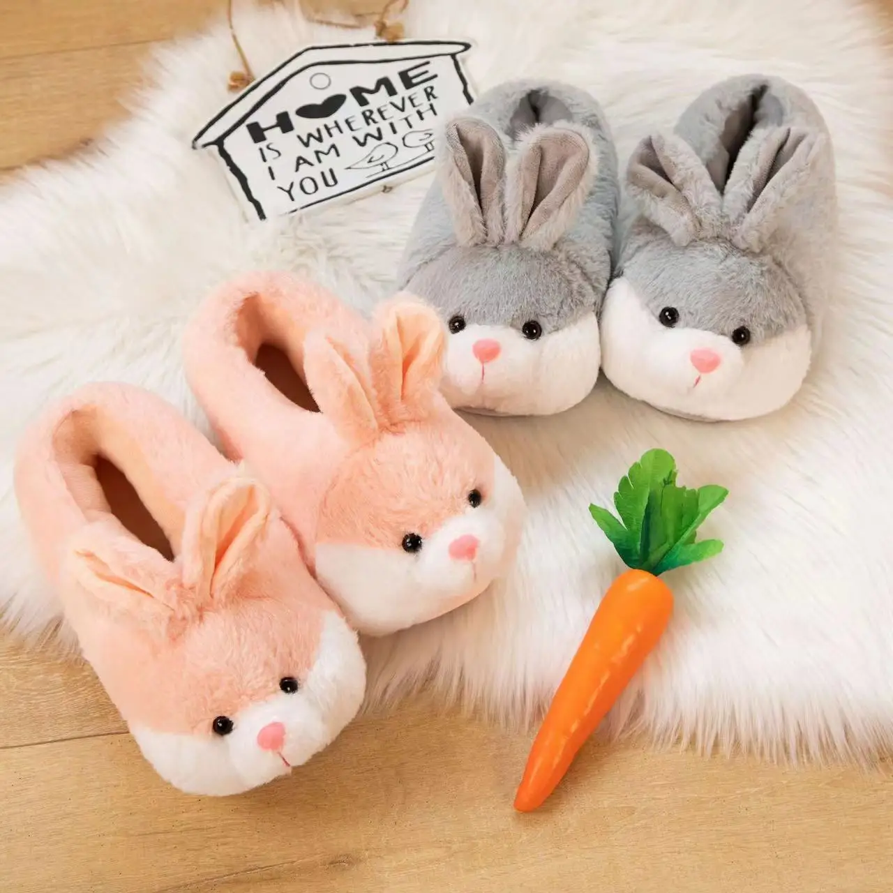 Cartoon Rabbit Pattern Plush Slippers Animal Design Bunny Slides Indoor Wood Floor Anime Home Shoes For Women Men Winter Autumn