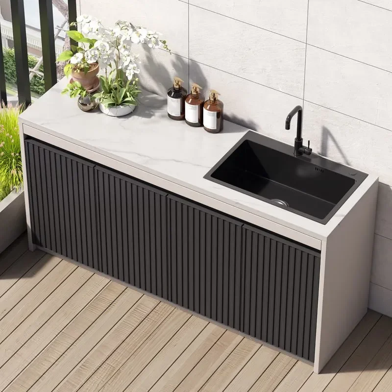 Outdoor Aluminum‑Alloy Integrated Sink‑Basin Cabinet Accent, Sun‑Protected Weather‑Resistant Storage Console for Villa Garden