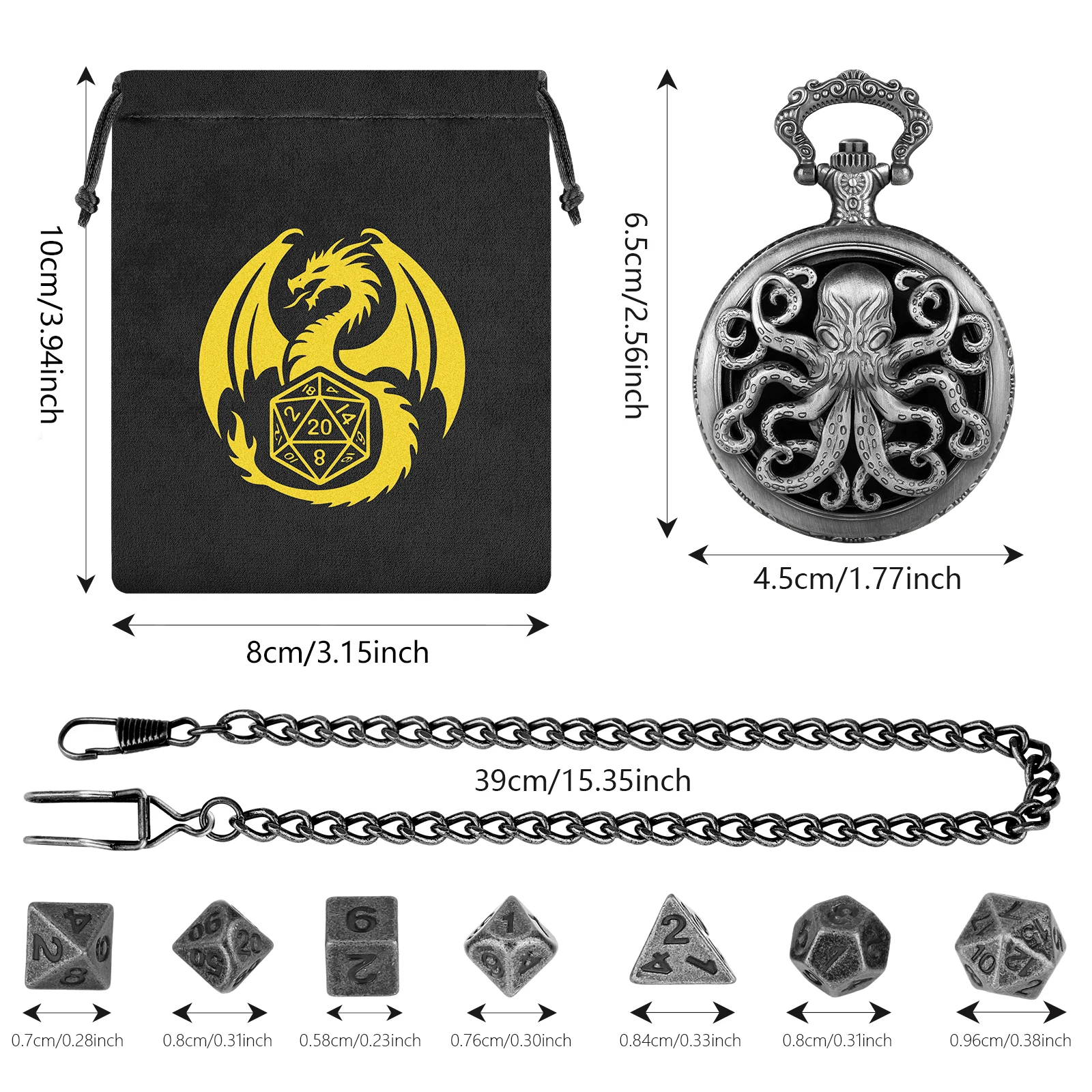 5pcs Vintage Punk Hollow Octopus Pocket Watch Case Mini Polyhedral Dice Set Metal Fob Chain Pendant Gift for Board Game Lovers
