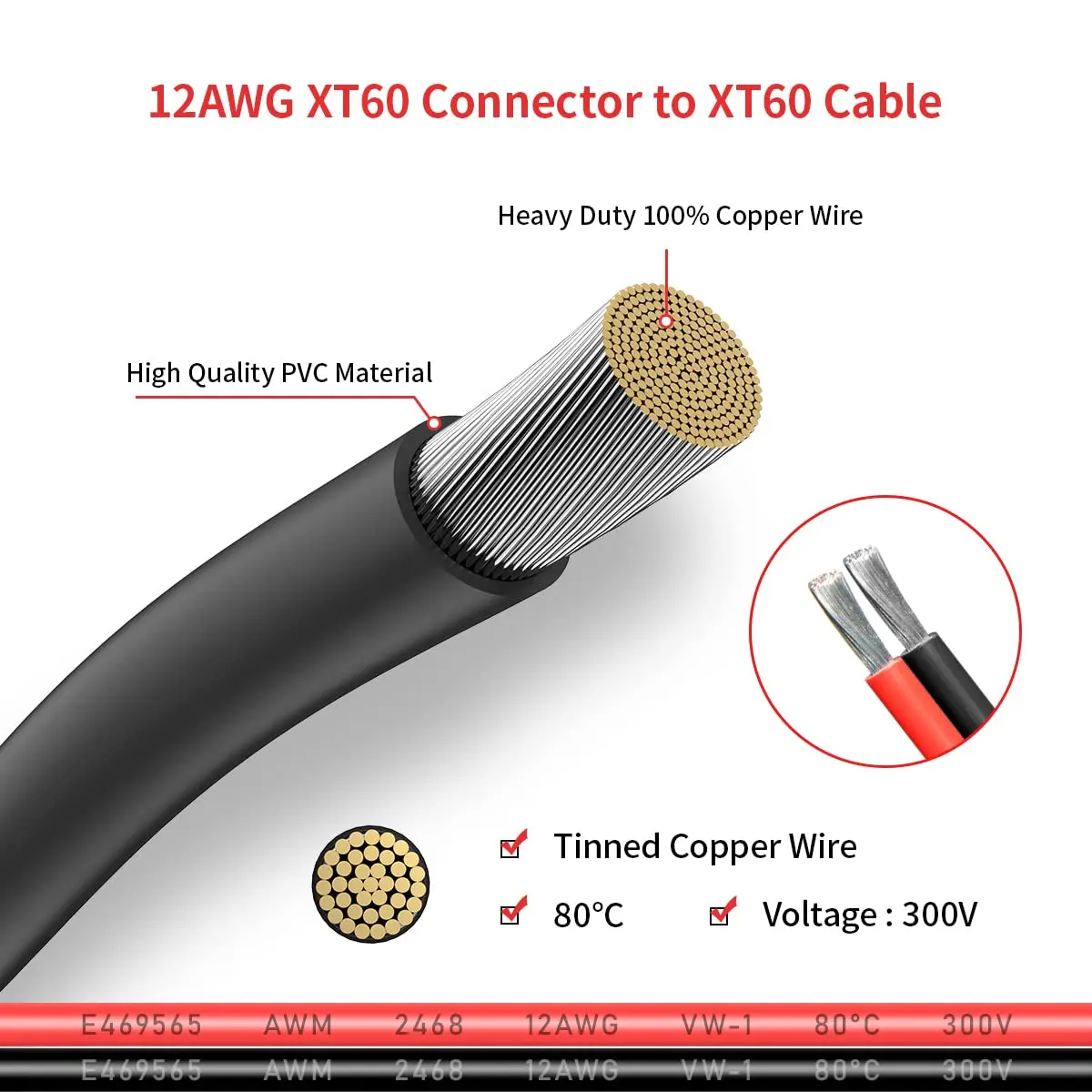 Cavo di prolunga XT60 12AWG Connettore XT60 femmina-maschio per pannello solare centrale elettrica portatile batteria RC (6FT)