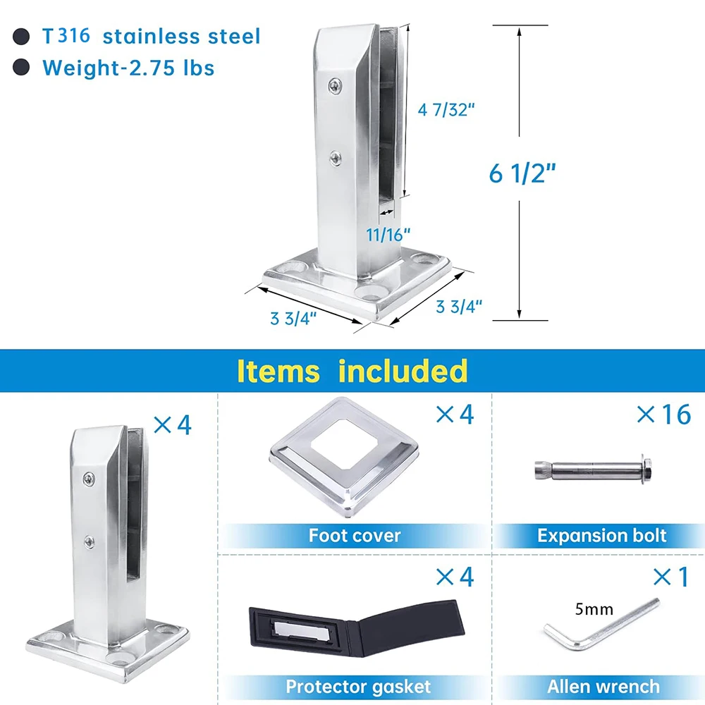 4-piece set of glass railing stainless steel 316 polished bracket, heavy-duty swimming pool deck fence, garden balcony   160mm