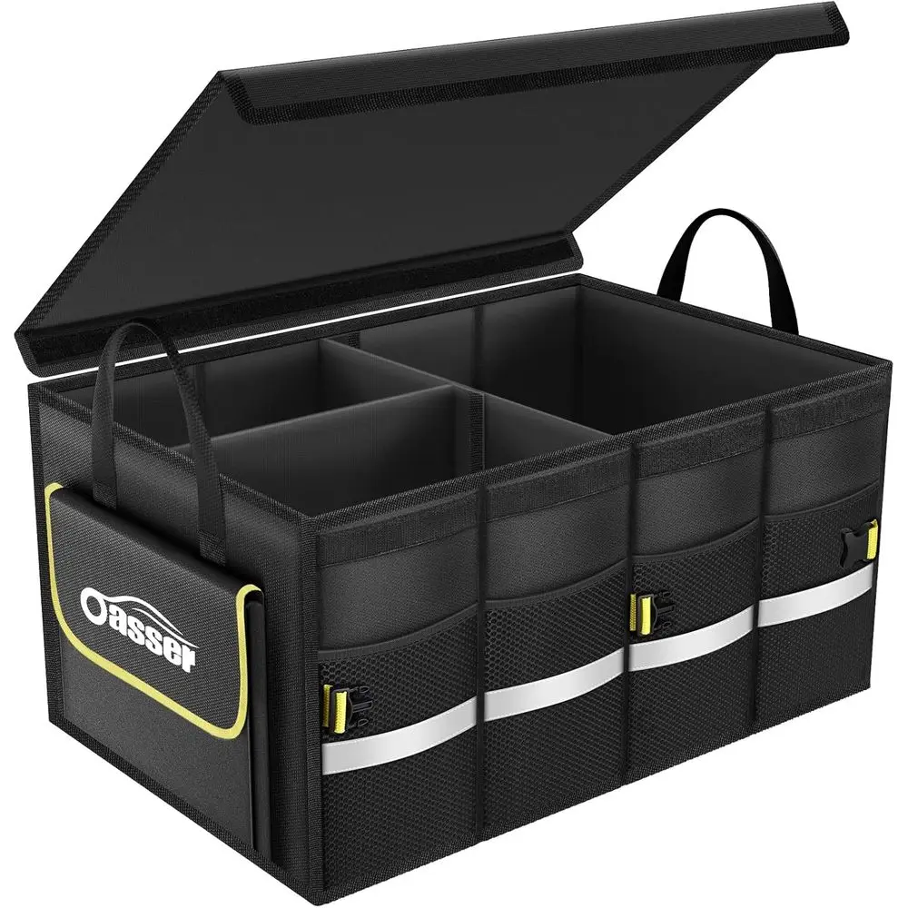 

Car Trunk Organizer, 3 Comparents Collapsible Waterproo Car Organizer Storage with oldable Cover, Relective Strip, Non-Slip Bott