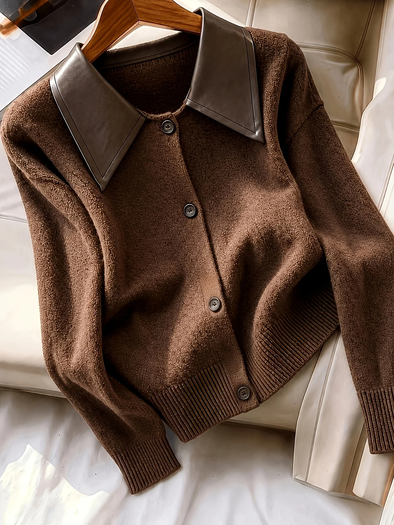 Women French Elegant Spliced Polo Collar Knit Cardigan, Soft Fluffy Button Knit Coat, 2026 New Elegant Autumn Winter Knitwear