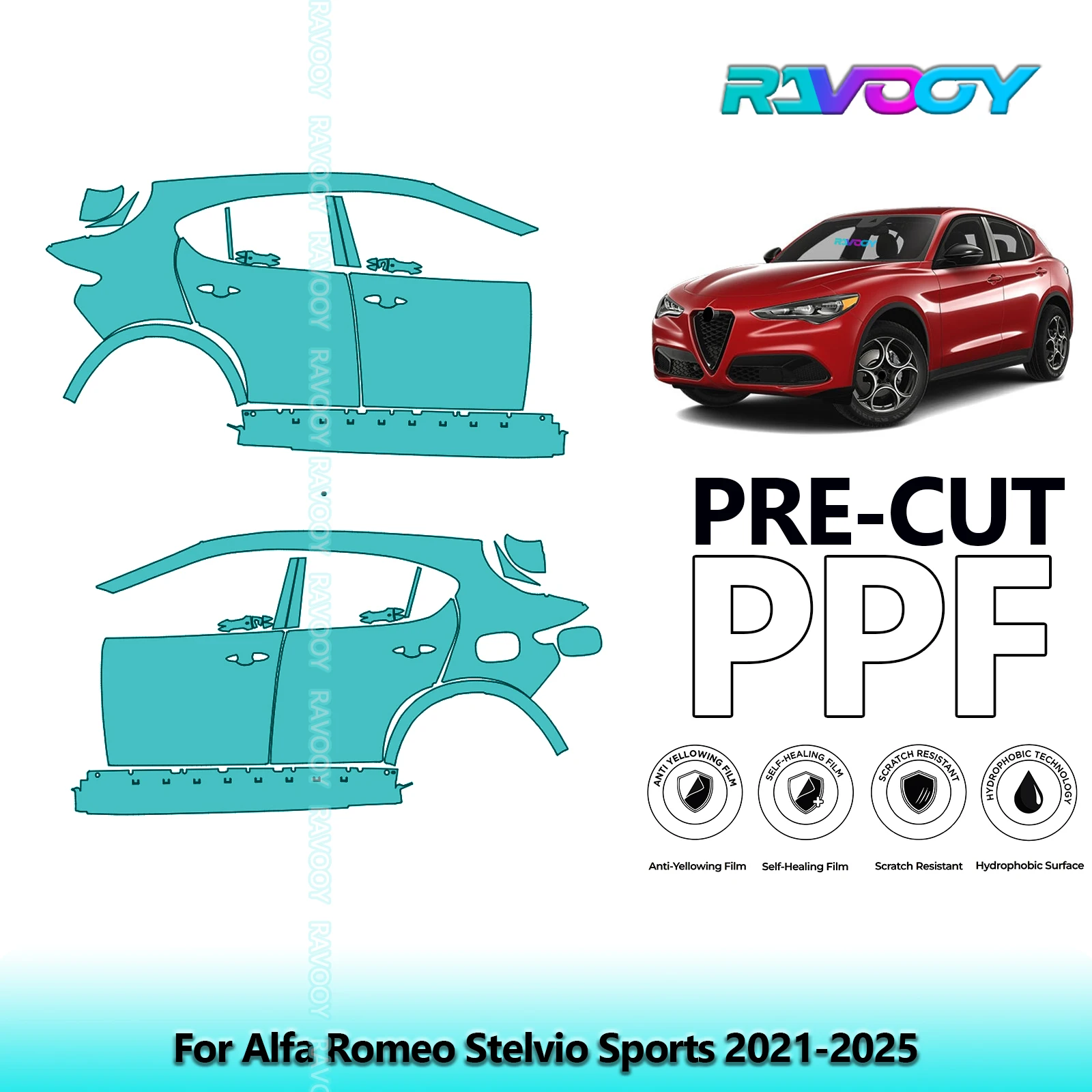 

For Alfa Romeo Stelvio Sports 2021-2025 8.5mil Clear Matte Pre-Cut PPF Door & A/B Pillar Kit TPU Paint Protection Film Set