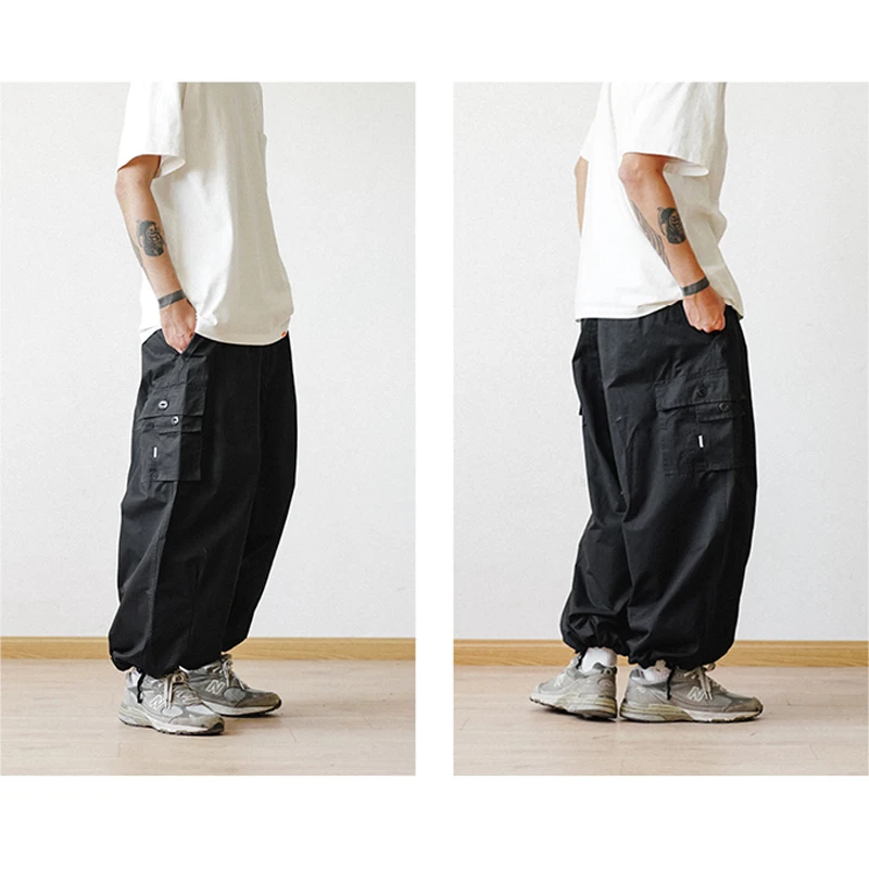 Multi-Pocket Cargo Pants Men\'s Casual Solid Colour Straight Pants Baggy Wide-leg Cropped Pants Men Ankle-length Pants