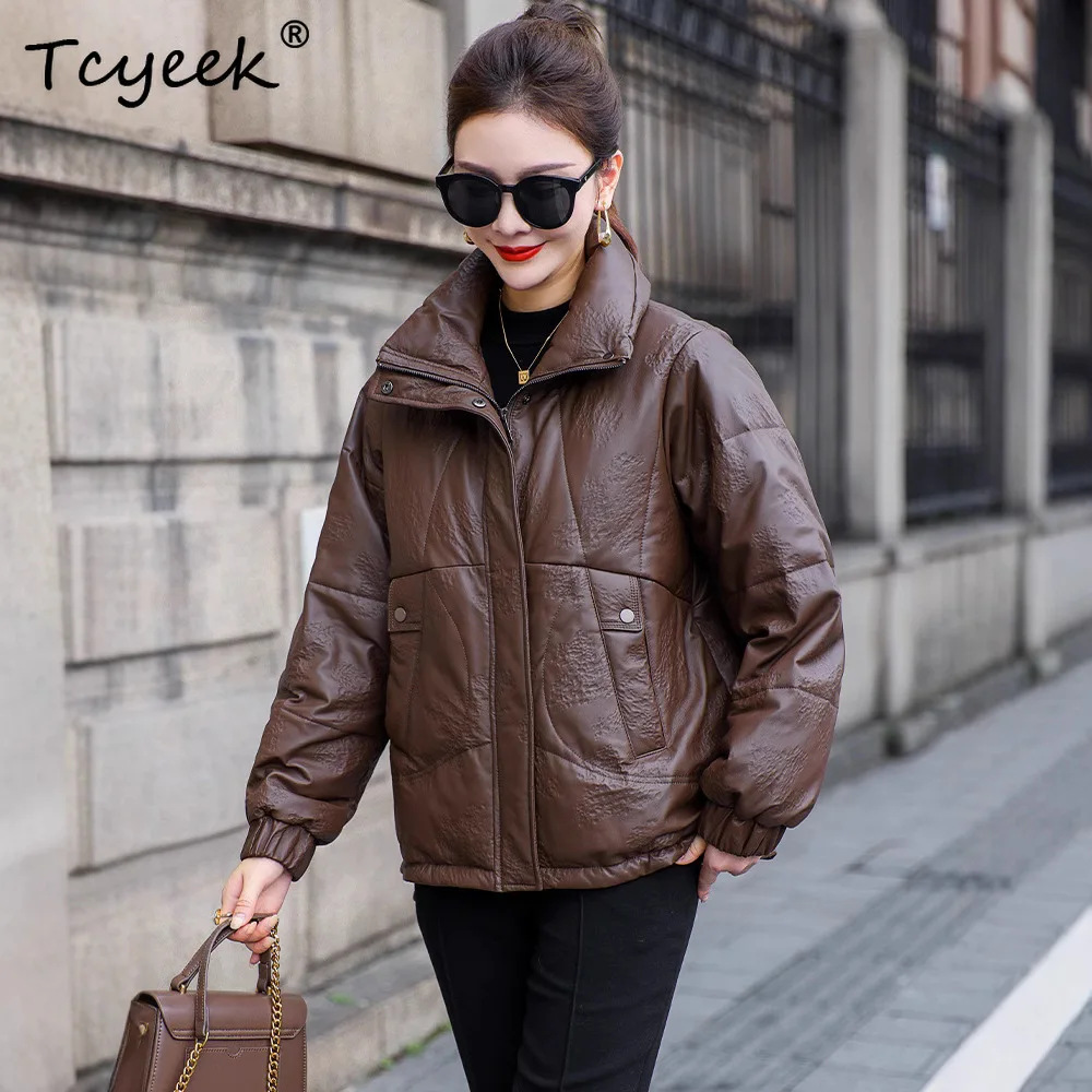 Tcyeek Sheepskin White Duck Down Autumn Winter High End Lapel Dark Brown Women's Genuine Leather Jacket Женская Кожаная Куртка