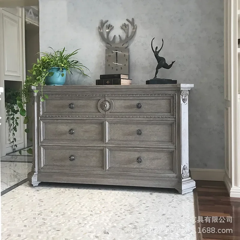 Retro Solid Wood 6 Drawer Chest European Style Entryway Sideboard Art Deco Revival Bedroom Dresser Storage Cabinet