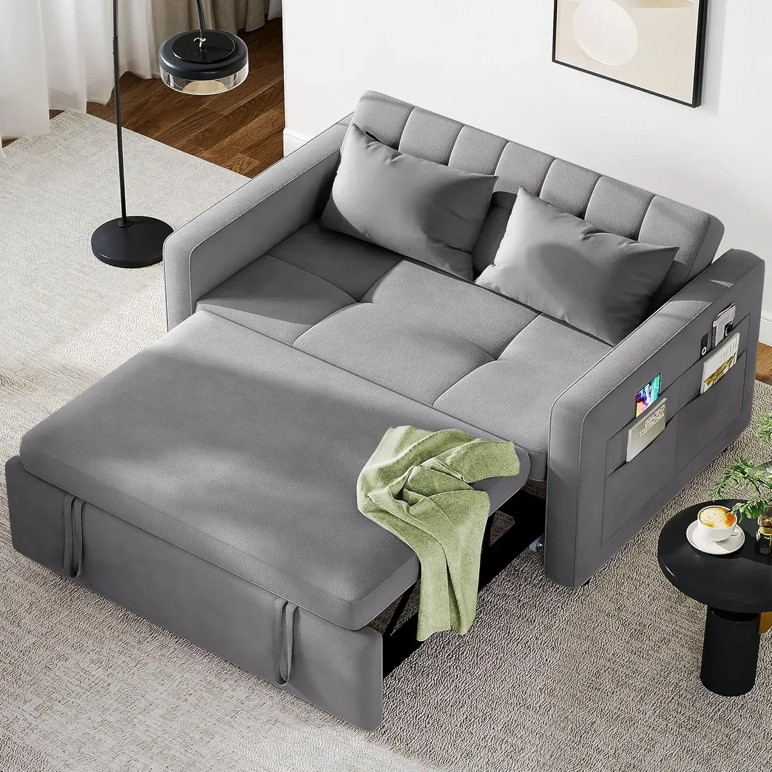 Cat-Scratch-Proof Fabric Futon Couch with Reclining Backrest and Side Pocket, Loveseat for Living Room, Grey, Full Size