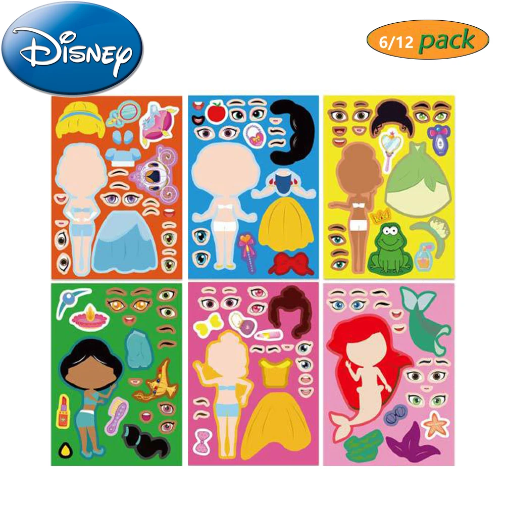 

6/12sheets Disney Cartoon Princess Puzzle Stickers Make a Face Children Funny DIY Decals Assemble Jigsaw Kids Educational Toys