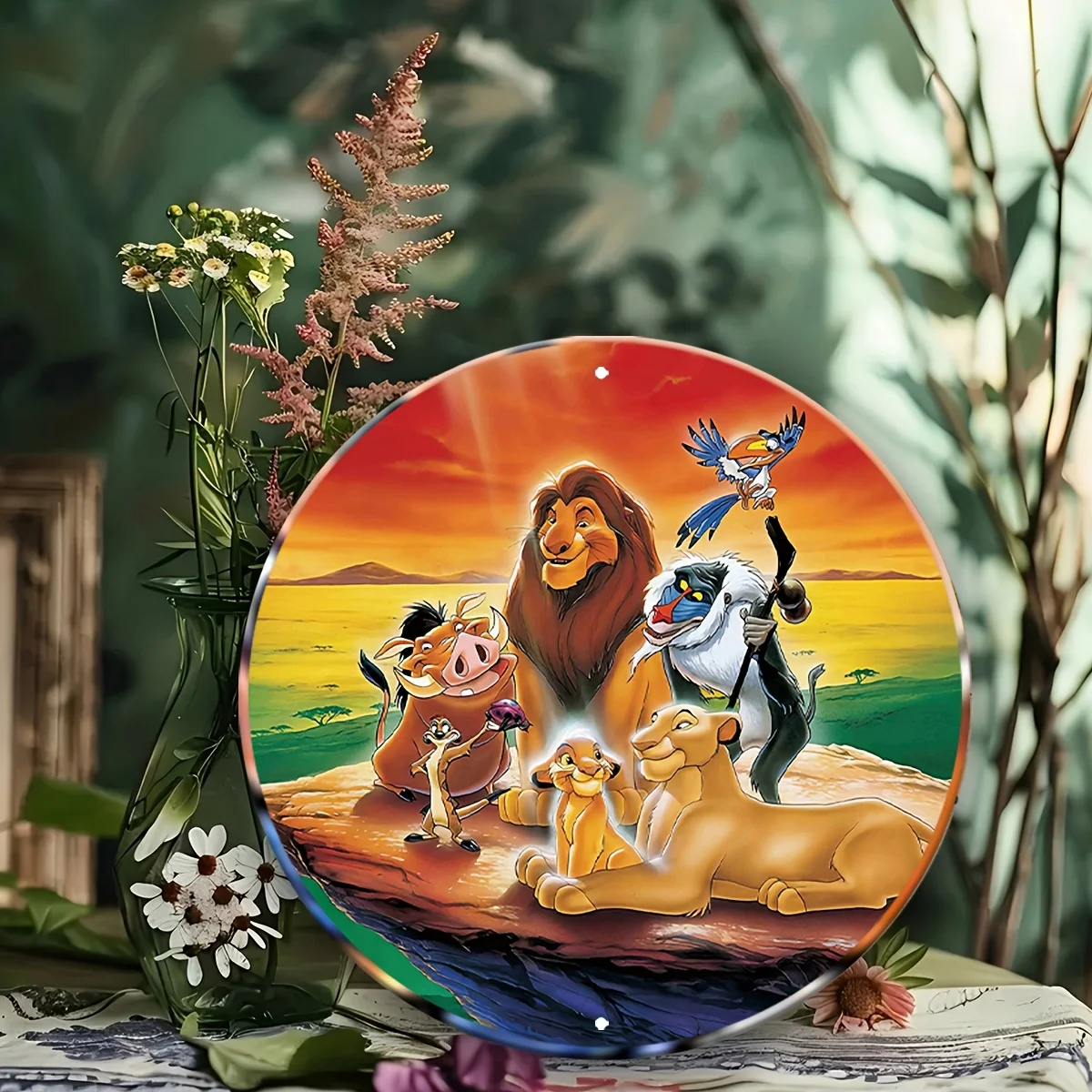 Placa redonda de aluminio del Rey León, escena de puesta de sol vibrante con Simba, Nala, Mufasa, Timon y Pumba, regalo perfecto para la familia, 1 ud.