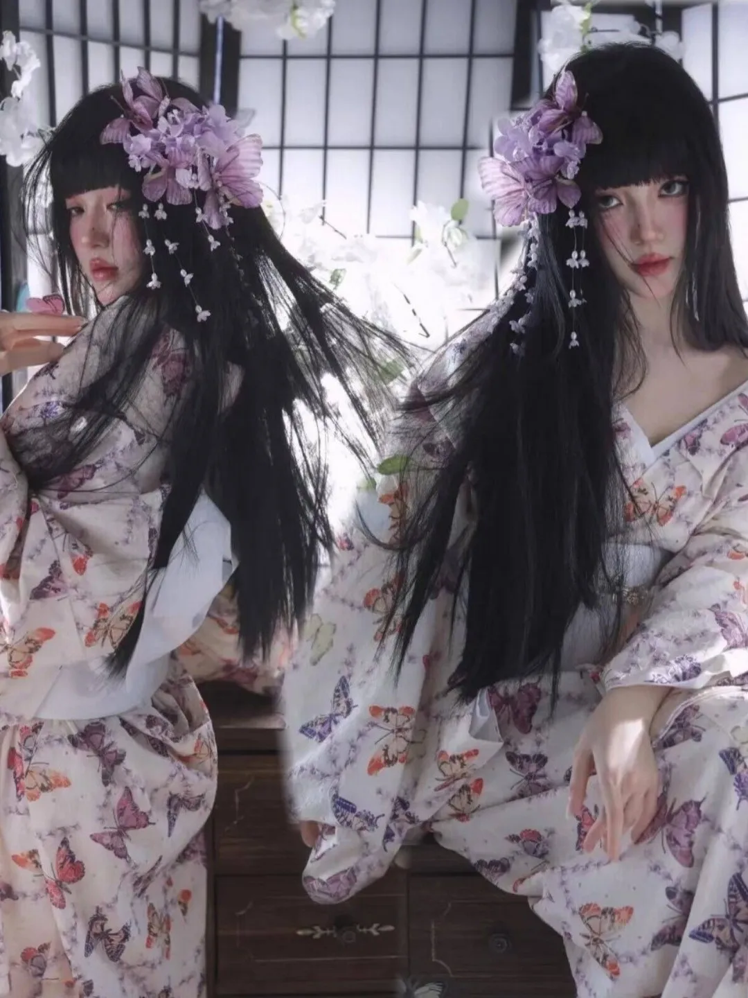 

Traditional Japanese Kimono Costume Cherry Blossom Photography Vintage Gentle Selfie Women's Fashion Autumn Season Polyester