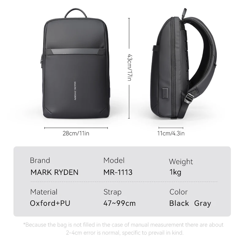 MARK RYDEN Slim Multi-Layer Laptop Backpack, Water-Repellent Airplane Cabin Backpack Business Backpack with USB Port