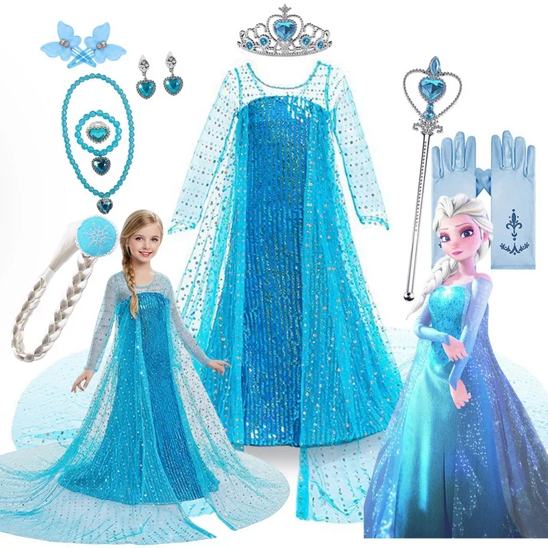 

Disney Frozen Princess Elsa Mesh Sequin Dress For Girl Long Sleeved Lace Dress Festive Party Frozen Snow Queen Dress 1-12Yrs