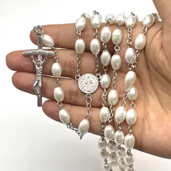 Religious  8*6  Oval  Glass  Pearl  Rosary  Beads  Curved  Needle  Cross  Necklace  Catholic And Can Be Given As Gift Can Prayer