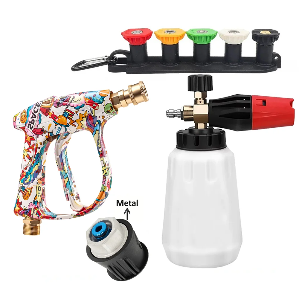 Universal Graffiti Washer Gun Combo with Foam Pot, 5 Nozzles, Fixed Base and Compatible Metal Bosch Adapter for Home Use