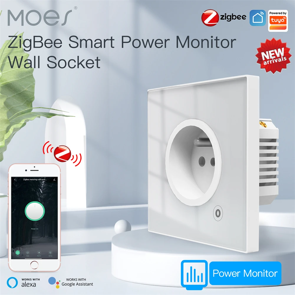 Moes ZigBee Smart Wall Socket Glass Panel Outlet Power Monitor tuya Wireless Control Mesh Timer Alexa Google Home voice UK EU FR