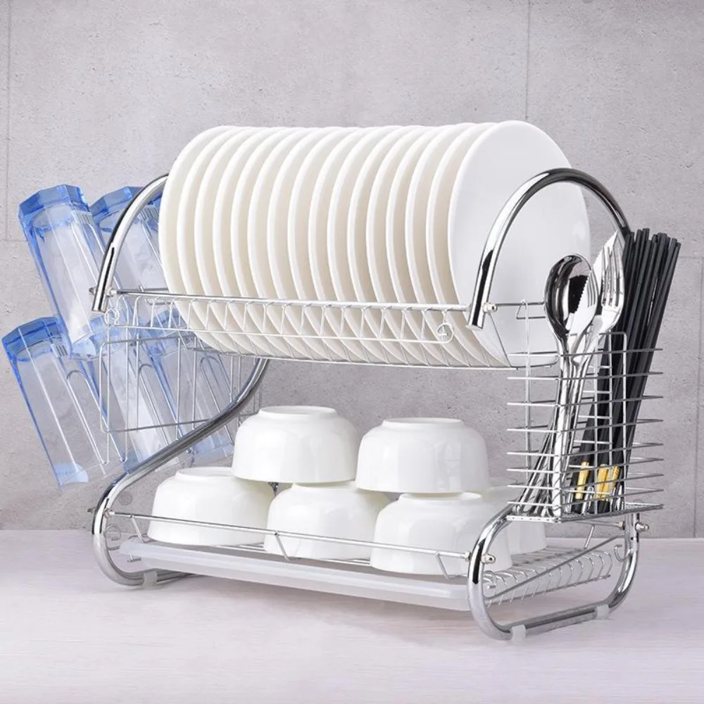 

Practical 2 Tier S-Shaped Dish Drainer Space-saving Metal Dish Drying Rack Stable Tableware Holder Shelf Bowl