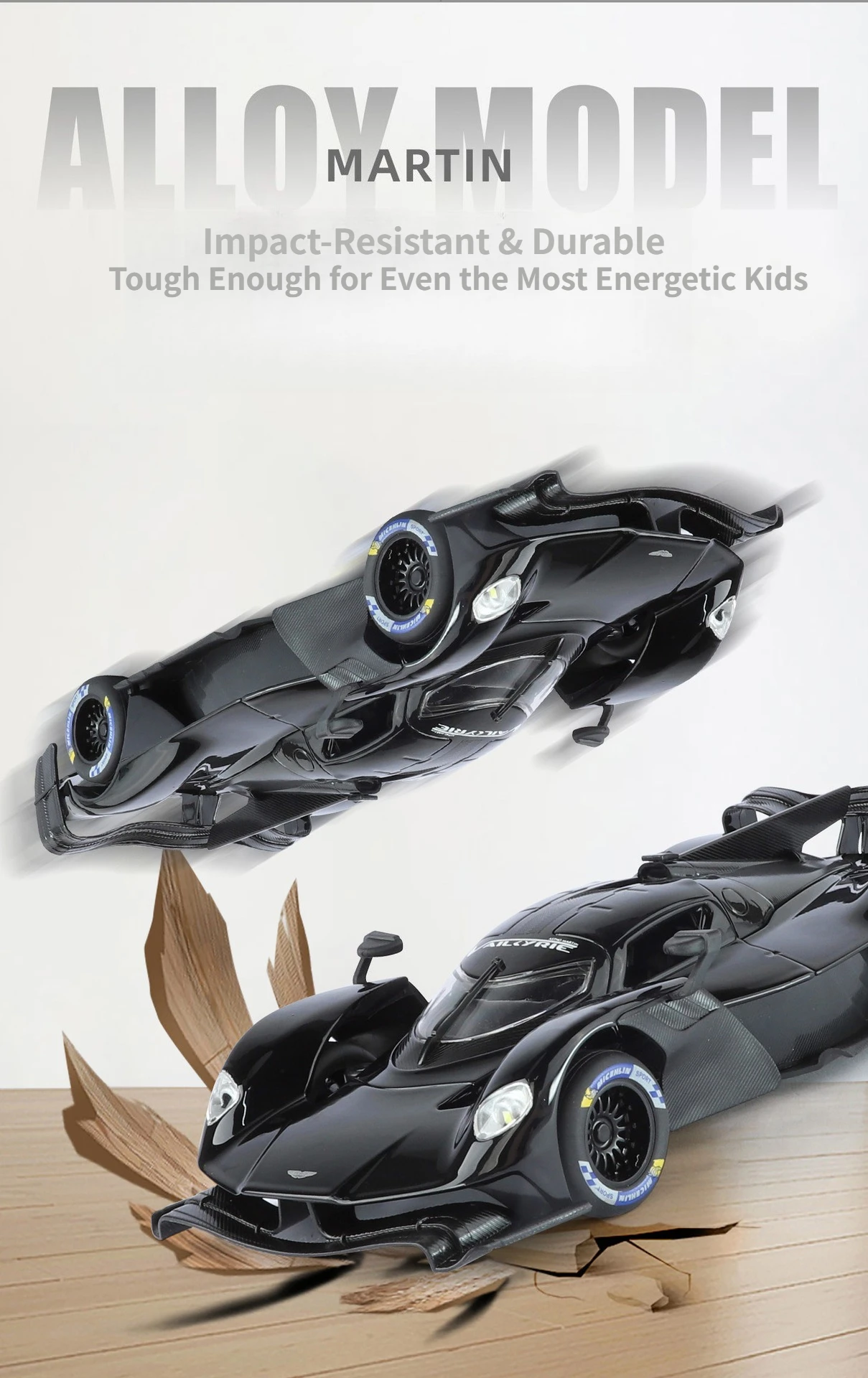 1:24 마틴 발키리 합금 모델카 – 4륜 충격 흡수, 소리 및 조명, 풀백 장난감