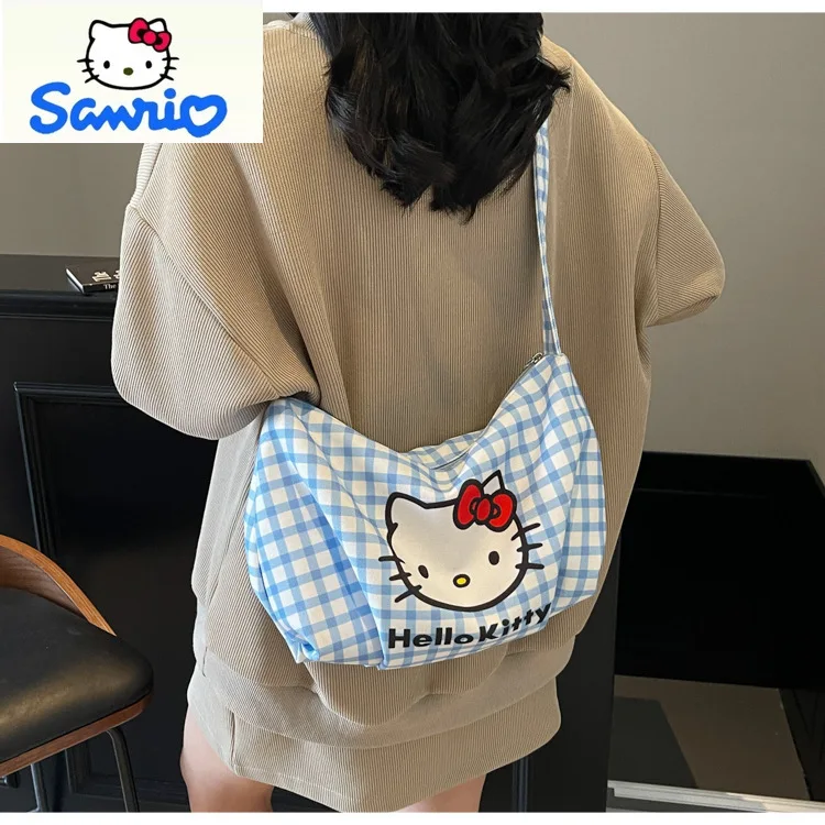 Sanrio Large Capacity Fresh Checkered Cartoon Hello Kitty Crossbody Bag for Women's Casual Versatile Handheld Travel Bag