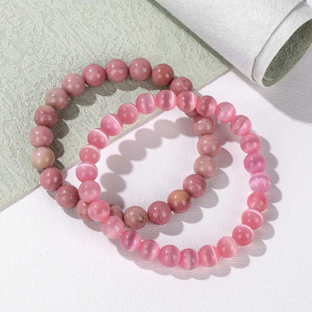 Trendy Pink Cat Eye Stone Bracelets Set For Women Natural Rhodochrosite Bracelet Set Healing 8mm Beaded Bracelet Female Jewelry