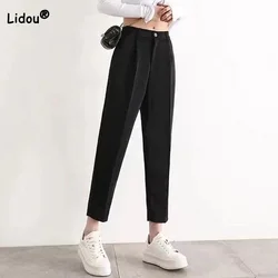 Versatile Black Summer New Women's Clothing Button Mid Waist Patchwork Pockets Trousers Harun Casual Cropped Slim-fit Pants