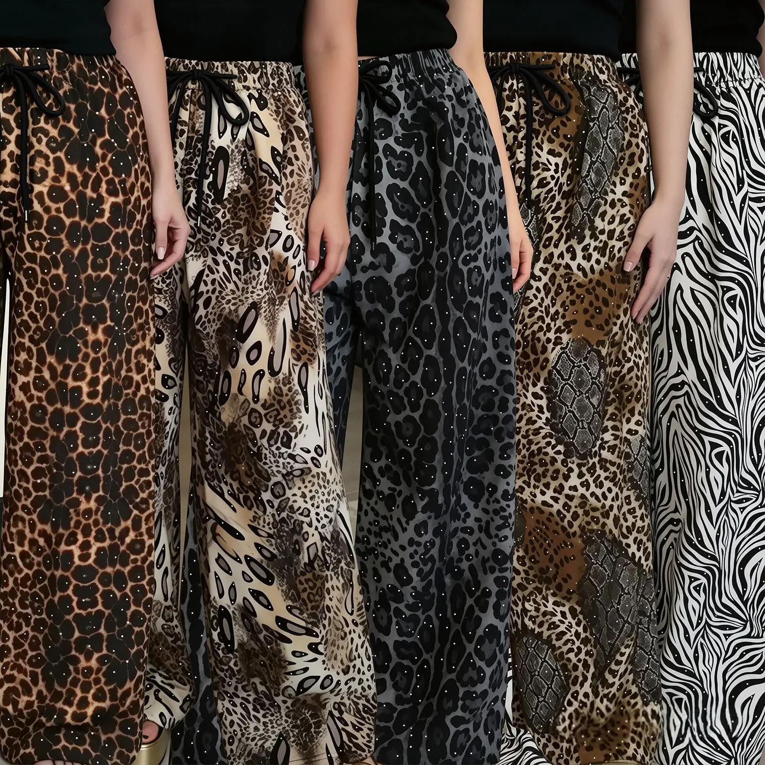 C77682026 New Women's Loose Wide-leg Pants. With Lady Cloth Detailing, Drawstring, And Animal Print, Random Long Pants. Clothing