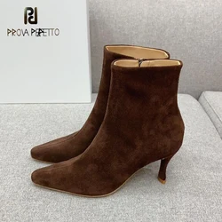 2024 Spring Ankle Short Boots Chic Fashion Side Zip Cow Suede Genuine Leather All Match Elegant Fashion Thin Heel Nude Bota