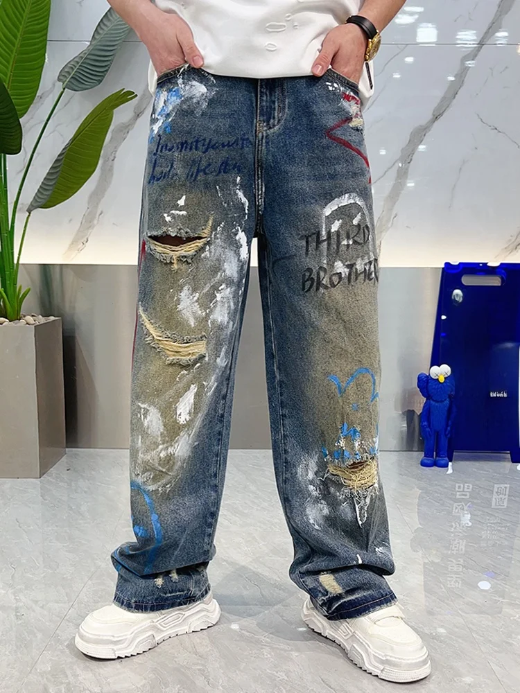 

Spring Summer fiti Wide Leg Men's Jeans Faion Personali Hole American High Street Loose Straight Tube Pants