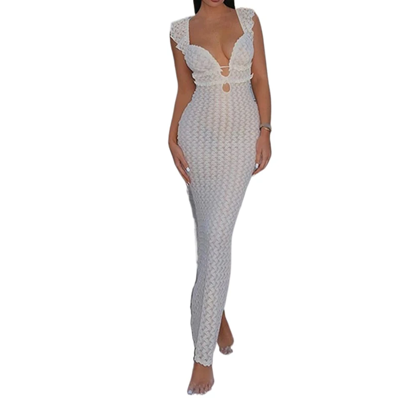 Robe longue à col en V profond pour femmes, robes maxi sexy pour femmes, fibre mince, taille haute, élégante, robe de soirée, robe de plage, été