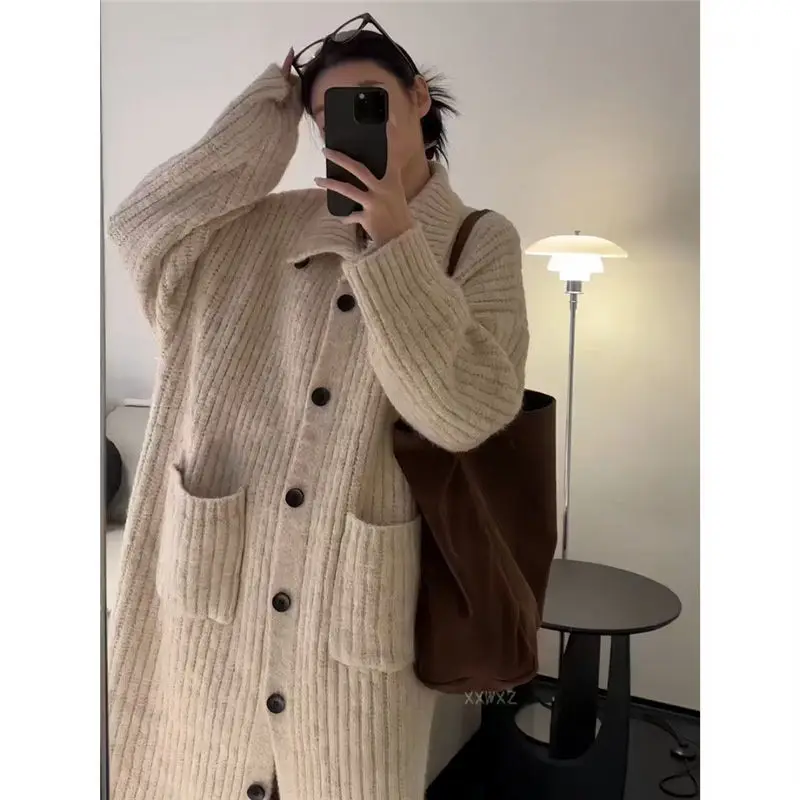 

Mid-Long Cardigans Retro Womens Fall Advanced Open-Knit Kintted Solid Slim Brushed Round-Neck Mohair Loose Fashionable Sunproof