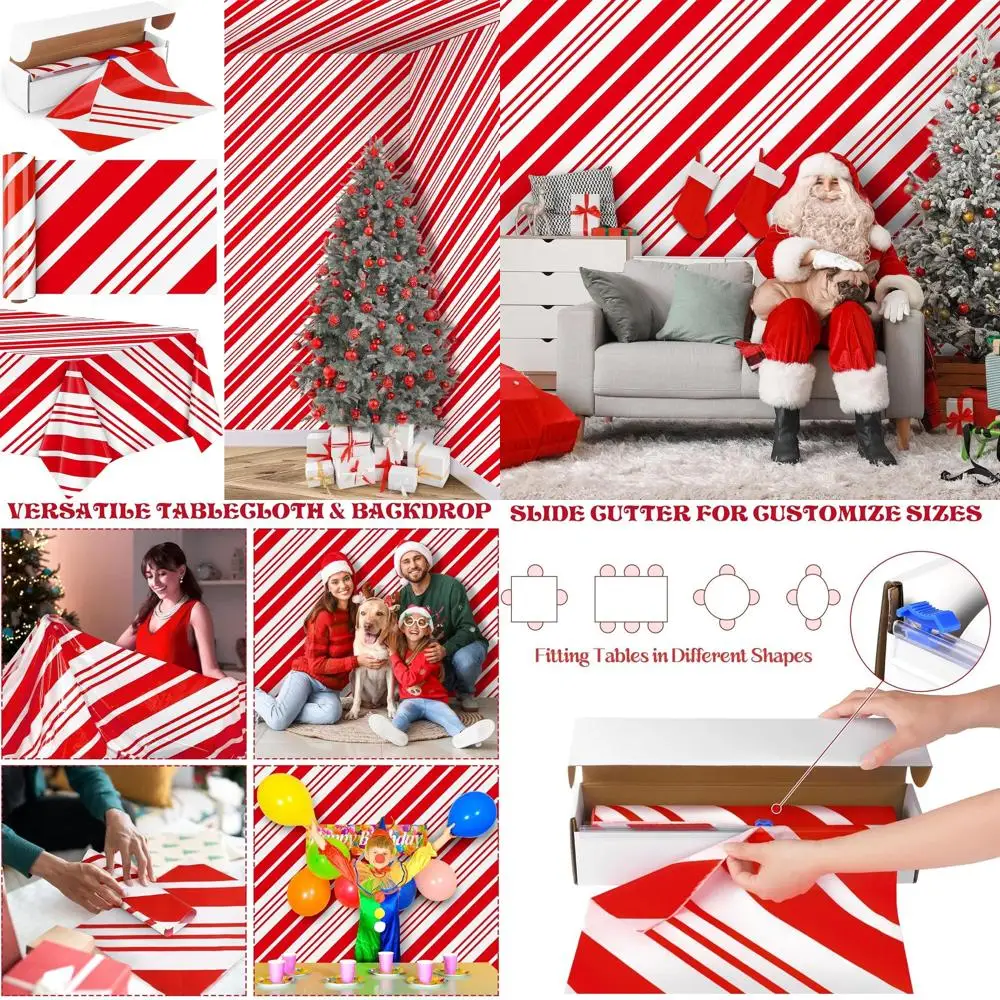 

Red and White Striped Christmas Candy Cane Tablecloth, 100ft x 54in, for Holiday Party Supplies and Home Decor