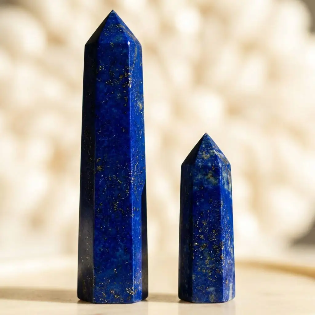 Natural Lapis Lazuli Crystal Tower Obelisk Set 3.1-7.5in 8-19cm Royal Blue Gold Pyrite Pillar Wand Point Home Office Decor Desk Ornament Display Figurine Sculpture Shelf Room Decoration Birthday Christmas Housewarming Anniversary Holiday Gift Crystal Coll