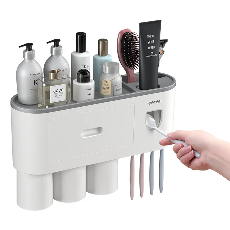 Creative toothbrush rack punching-free mouthwash toothbrush cup set bathroom storage toothbrush rack with toothpaste squeezer