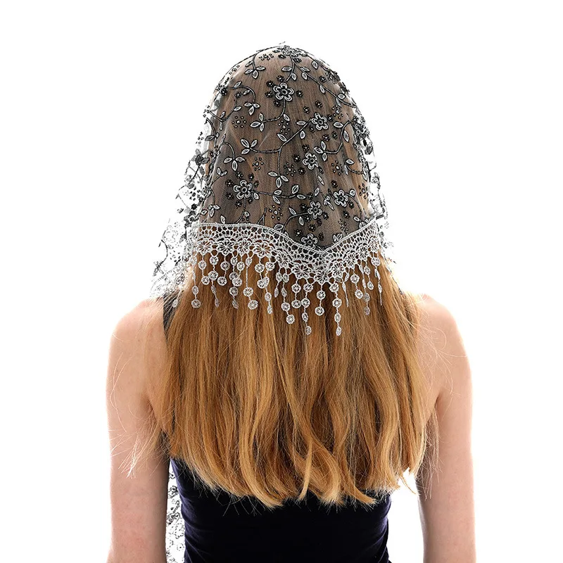 

Embroidery Lace Veil Triangle Mantilla Shawl Latin Mass Head Cover Scarf With Fringes Catholic Church Chapel Spanish Style