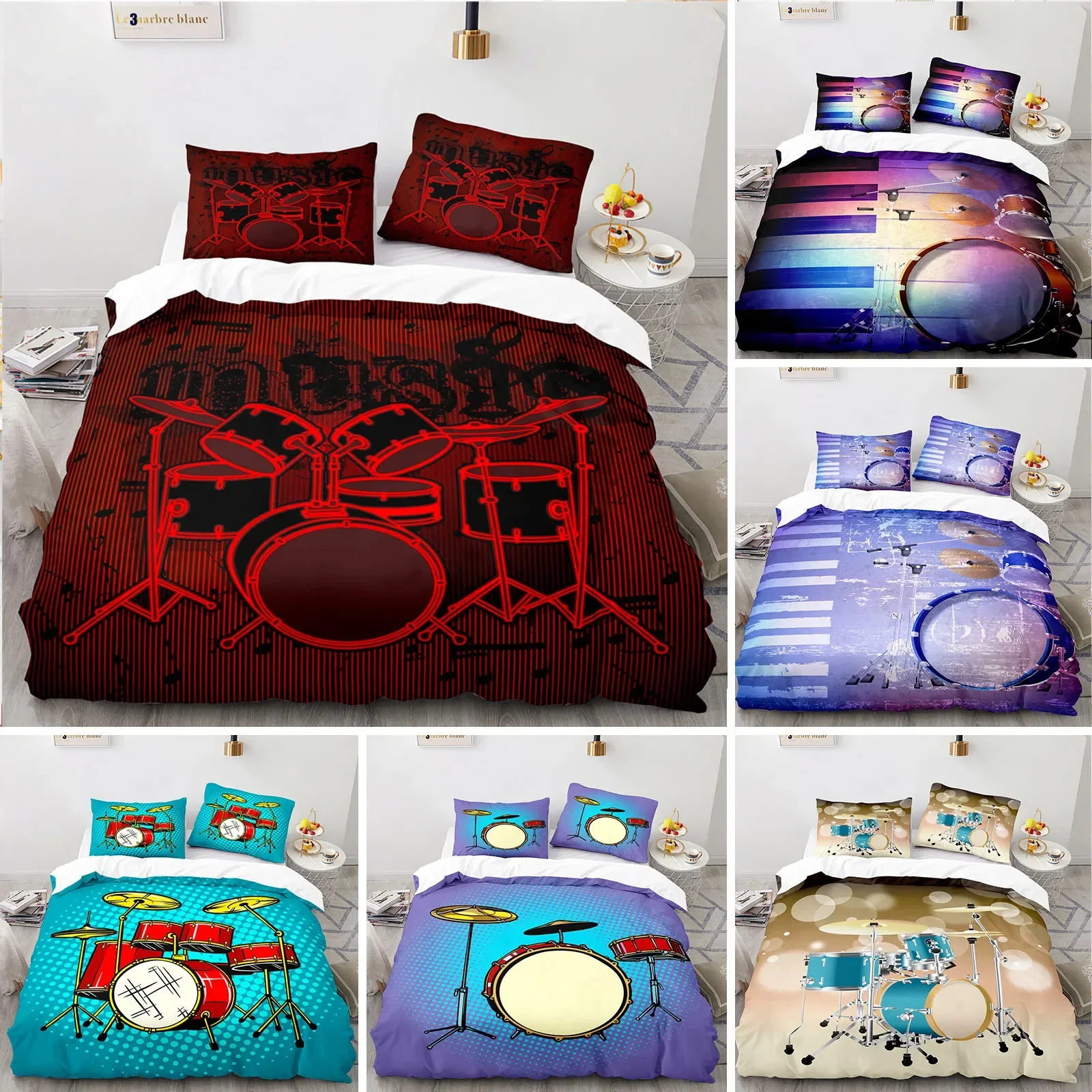 Drum Kit King Queen Duvet Cover Rock Musical Style Bedding Set for Kids Teens Adults Hip Hop Grunge 2/3pcs Polyester Quilt Cover