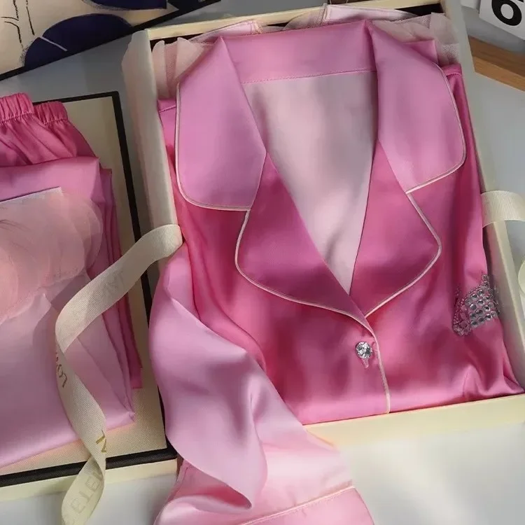 

Новинка весны 2025 года, пижамный комплект из 2 предметов, женская атласная одежда для сна, брючные костюмы с длинными рукавами, ночная рубашка, свободная повседневная домашняя одежда, одежда для дома