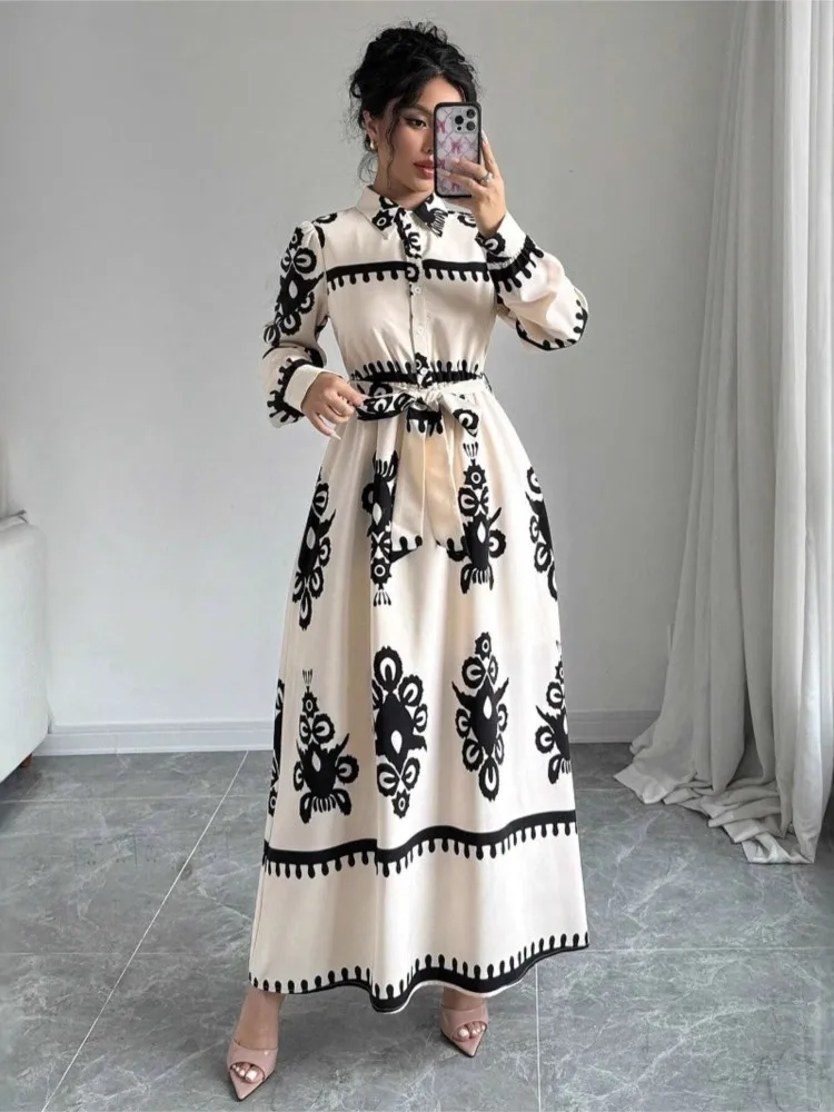 

Autumn Winter Long Sleeve Printed Belted Shirt Dress New 2025 Elegant Ankle-Length Women's Fashion Casual Wear From Mainland Ch