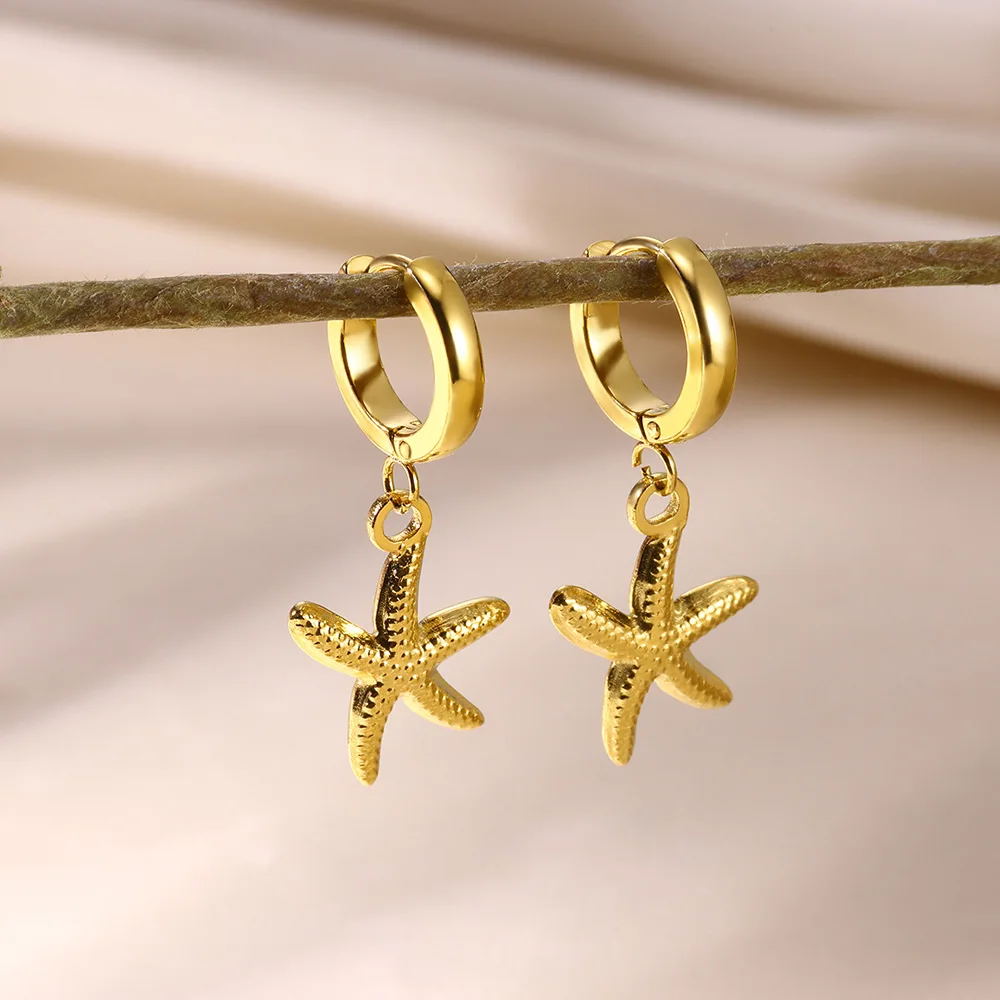 Starfish Dangle Earrings for Women Girls 18K Gold Plated Stainless Steel Earrings Drop Ocean Element Femmes Ear Jewelry Freeship