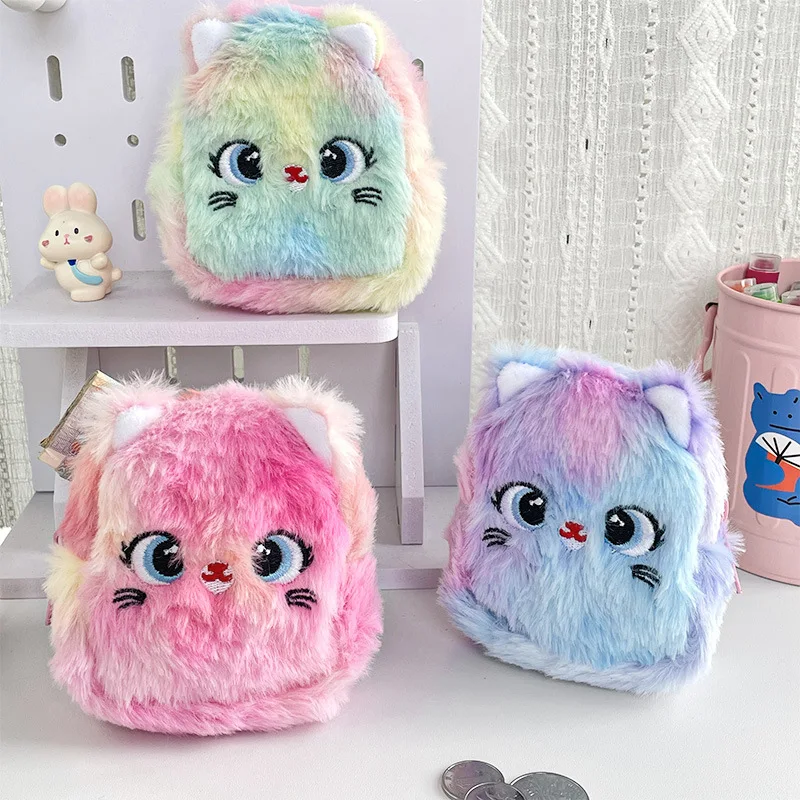 Śliczna kolorowa pluszowa portmonetka Kawaii Cat Money Card Case Organizer na słuchawki Mała portmonetka Prezent dla kobiet Chłopcy Dziewczynki