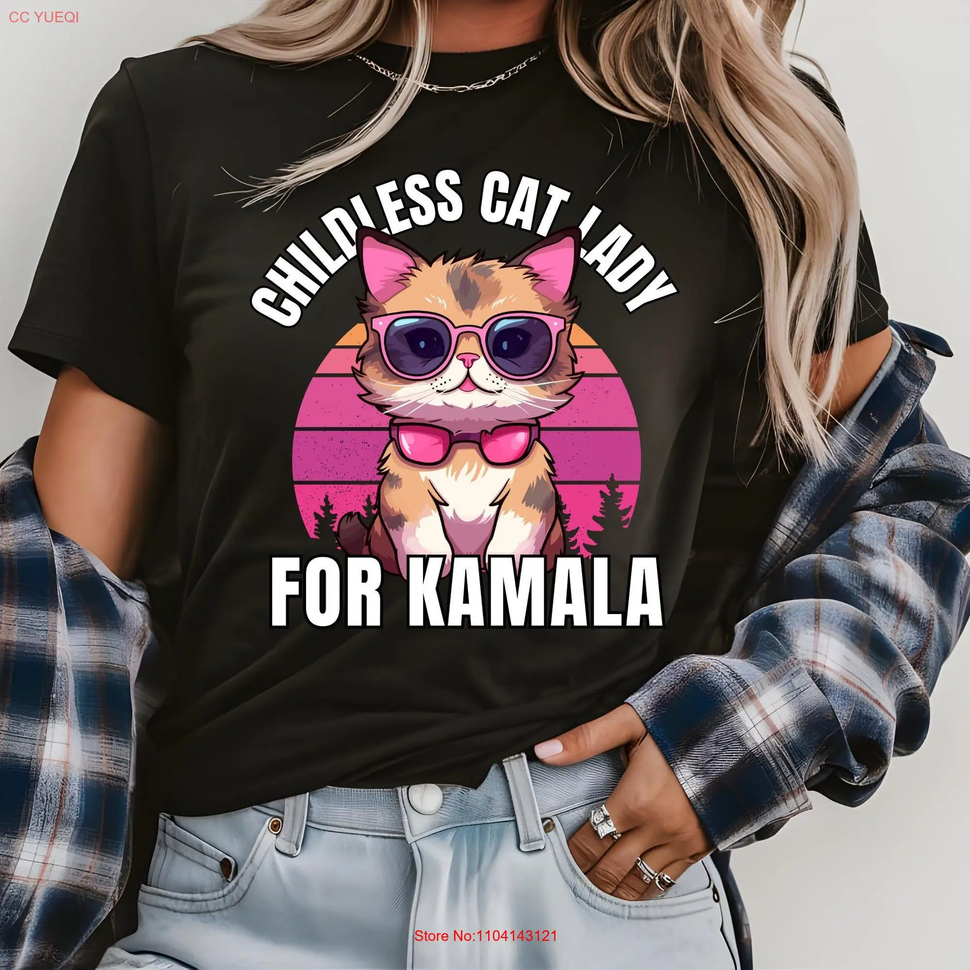 Childless Pink Cat Lady For Kamala Ladies Is Voting Coconut Tree Vote Blue T Shirt 2024 Election long or short sleeves