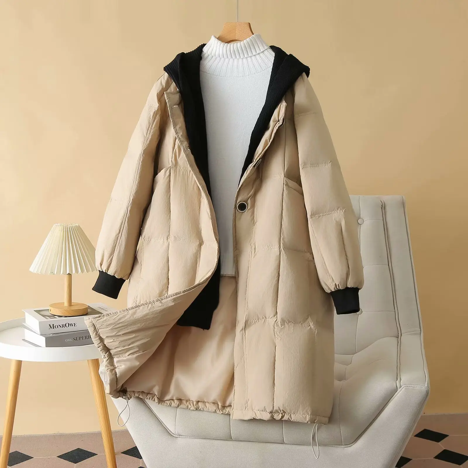 Nueva chaqueta de invierno para mujer, chaqueta de plumón con capucha de punto de gran tamaño para ir al trabajo