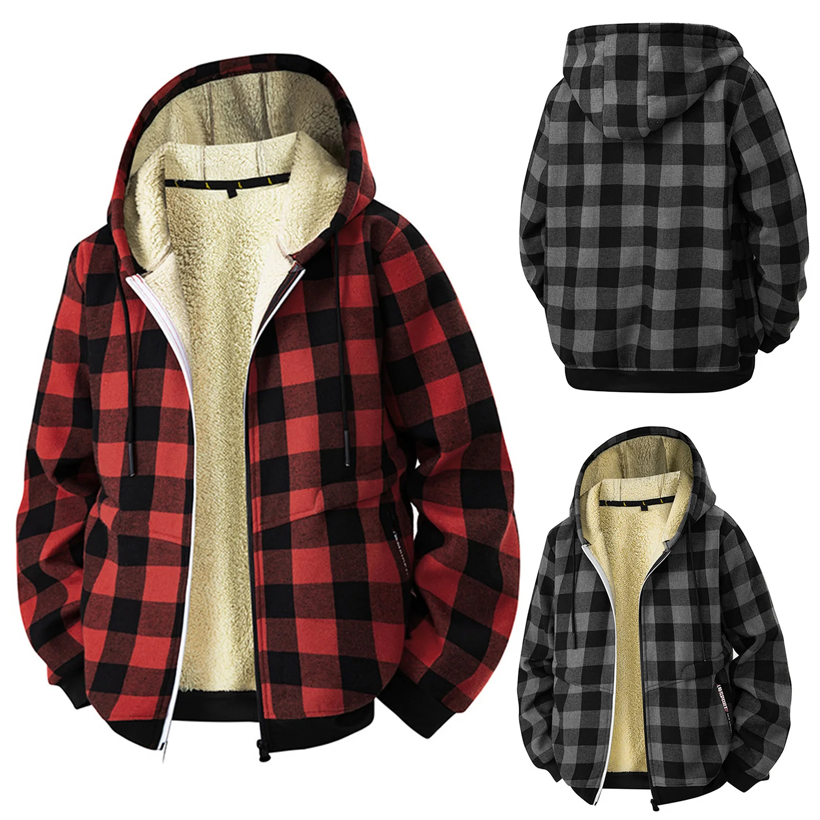 الرجال الدافئة منقوشة جاكت مزود بغطاء للرأس الشتاء صوف مبطن كم طويل الجبهة البريدي ملابس خارجية البلوز معطف للعمل المكتبي اليومي عادية #6