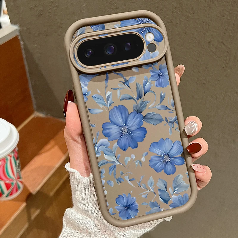 Blaue Blumenmuster Handyhülle für Google Pixel 10 9 Pro XL 10 9 8 Pro 9A 8A 7A Stoßfeste Silikonhülle für Pixel 7 8 9 Pro