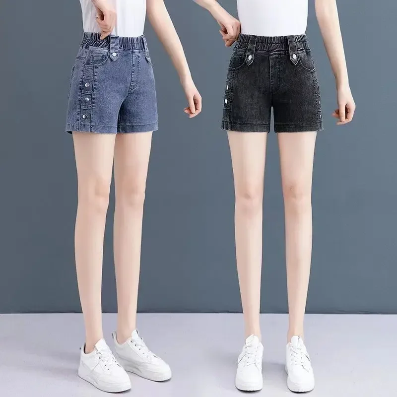 Pantaloncini di jeans elastici a vita alta per le donne in estate Nuovi pantaloni da donna larghi a gamba larga sottili e versatili in vita elastica XT1216