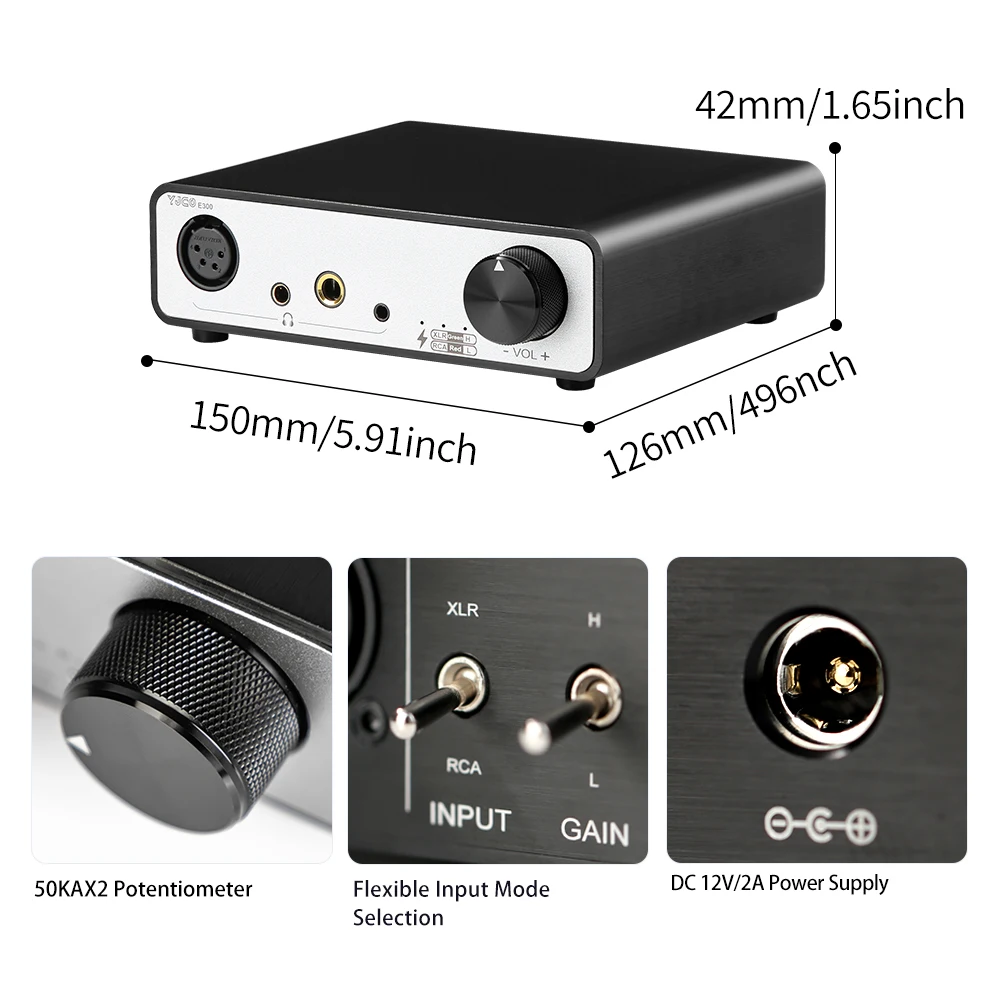 YJCO E300 HiFi Headphone Amplifier TPA6120A2 JRC5532DD Desktop Balanced Headphone Amp XLR 4.4mm 6.35mm 3.5mm RCA Input DC 12V