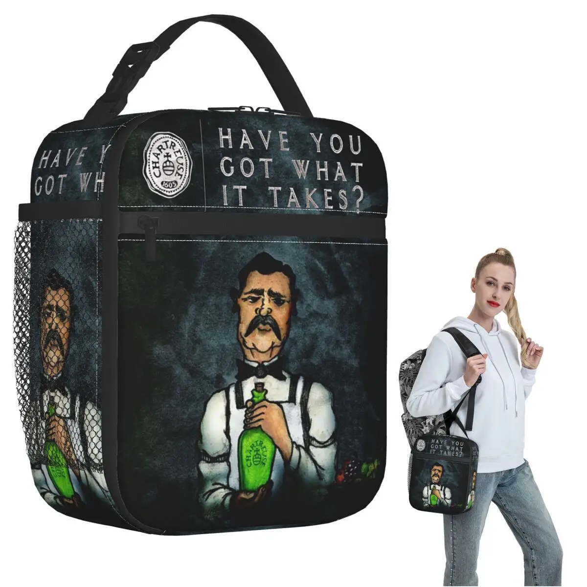 

Green Chartreuse Bottle Oil Painting Drink Insulated Lunch Bag for Women Kids Portable Food Boxes Thermal Lunch Box Tote