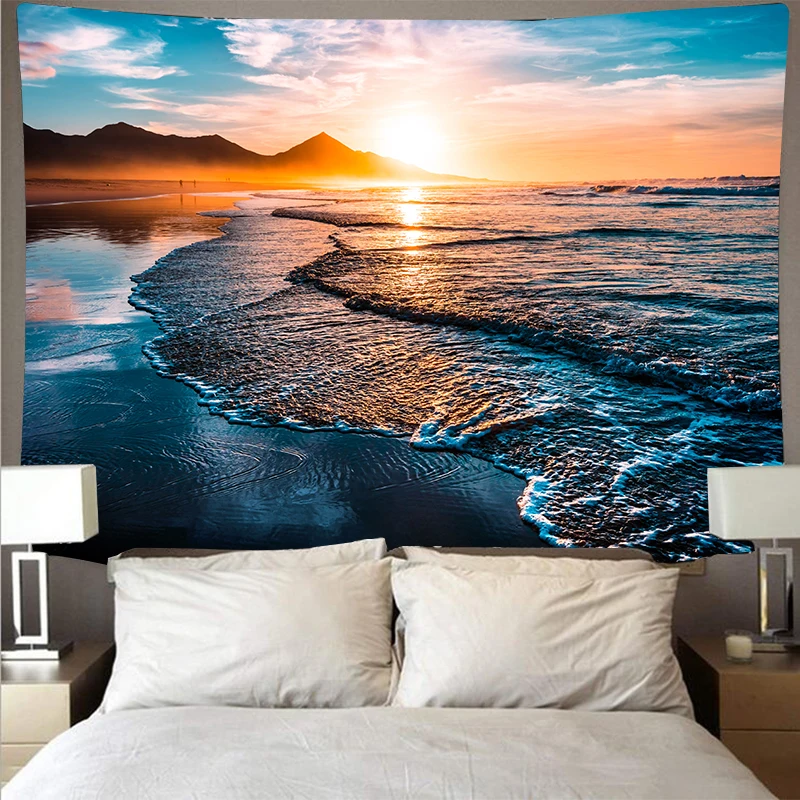 Tapiz de puesta de sol para decoración del hogar, tapiz colgante de pared, Alfombra de tela, manta de fondo, playa de gran ola, mar azul