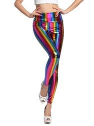 Europe And The United States New Sexy Ladies Rainbow Hot Gold Imitation Leather Leggings Striped High-waisted Tights Women